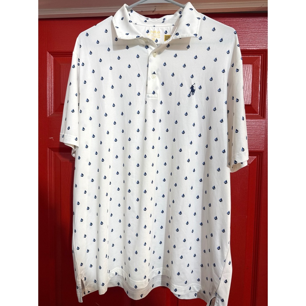 Polo Ralph Lauren Mens Performance Sailboat Print Polo Shirt White Blue Large